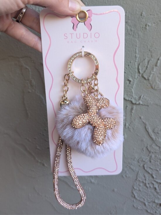 Jeweled Balloon Puppy Bag Charm w/ Pom Pom & Rhinestone Wrist Strap | New - Picture 1 of 3